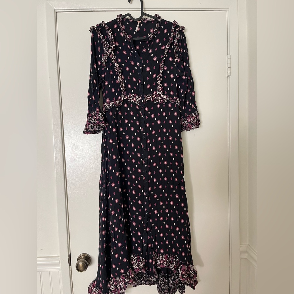 Free people long dress with ruffle/ uneven hem